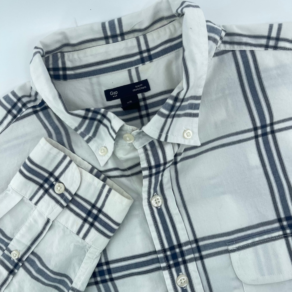 Gap Mens XL Slim Fit Plaid Checkered Button Up Long Sleeve Shirt Blue WhiteTop